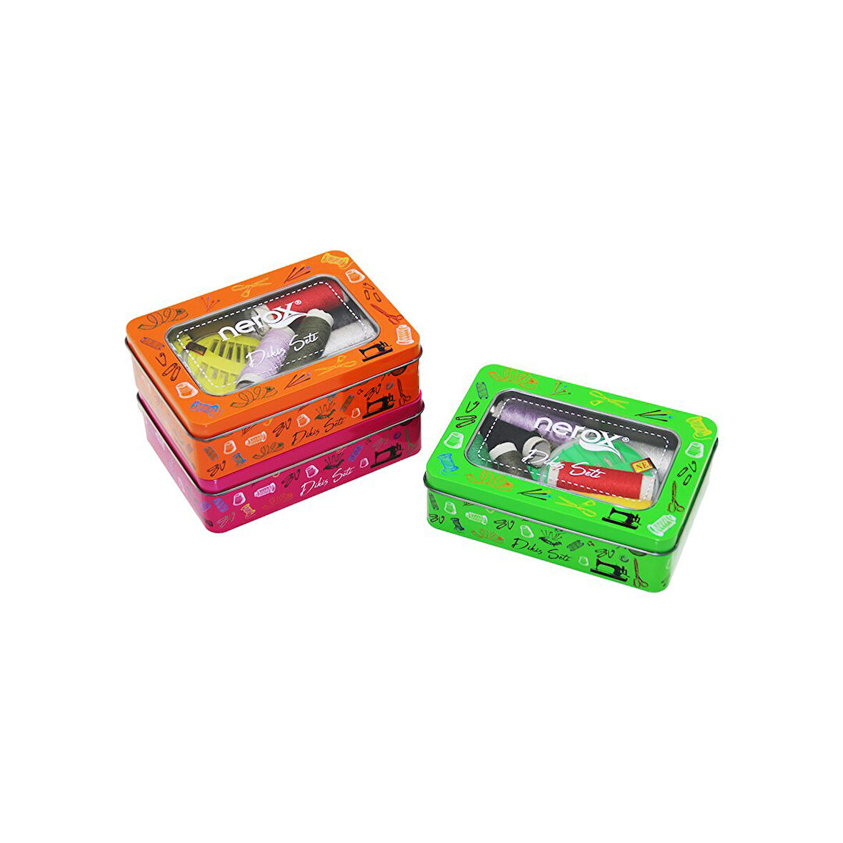 METAL KUTU DİKİŞ SETİ İPLİK - MEZURA - TEKSTİL MAKASI - İĞNE - YÜZÜK (5060)