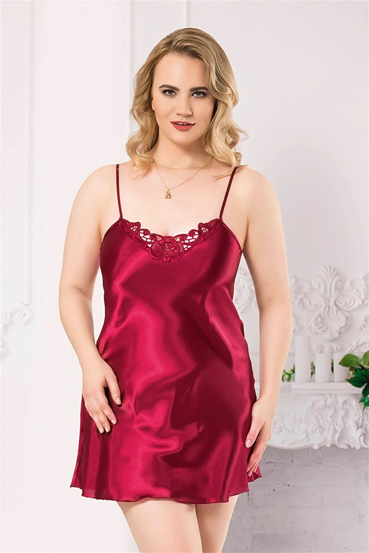 Arias Closet Büyük Beden Bordo Kısa Saten Gecelik OZN-12401