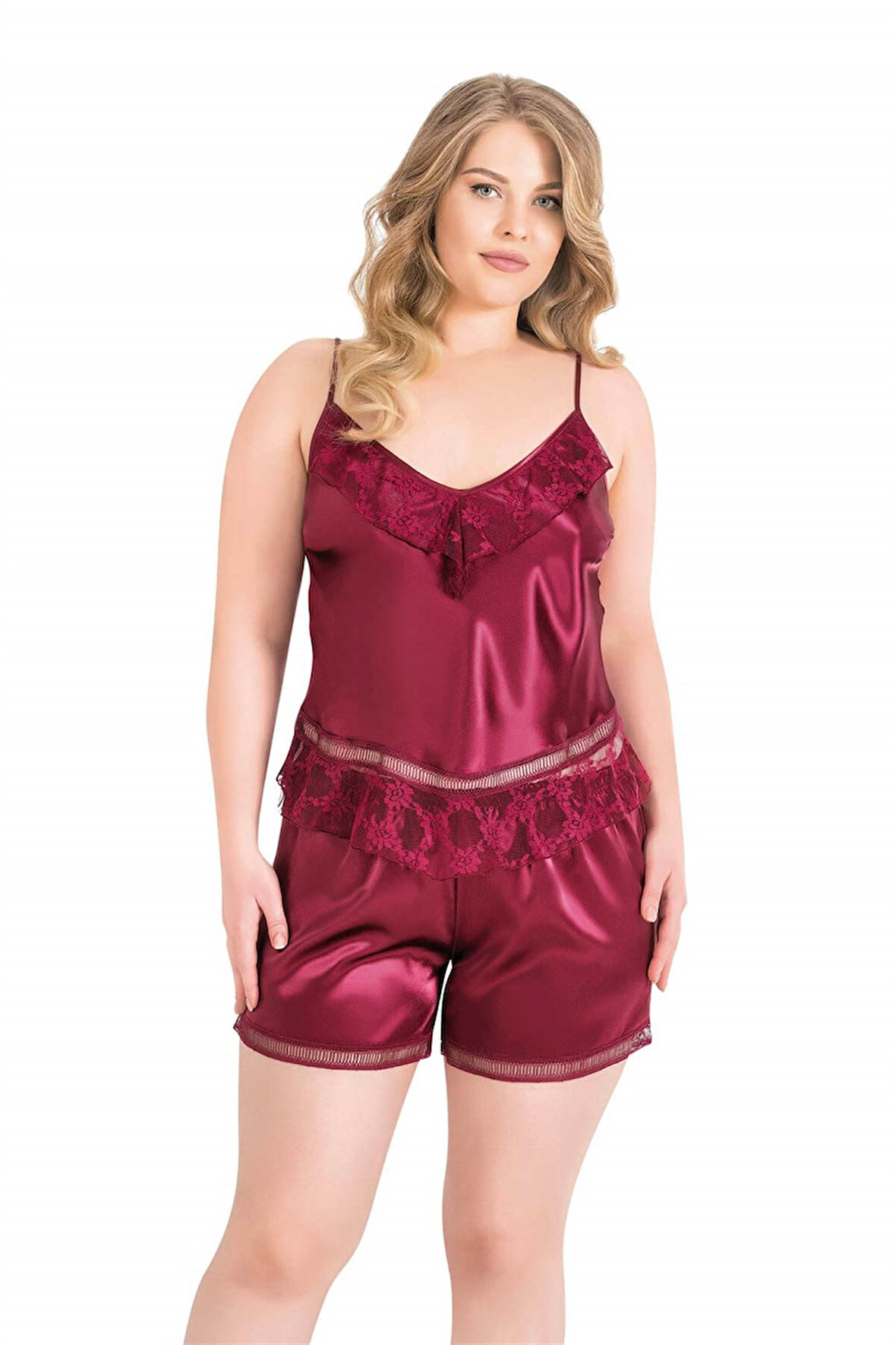 Arias Closet Büyük Beden Bordo Saten Babydoll Şort Takımı OZN-14013