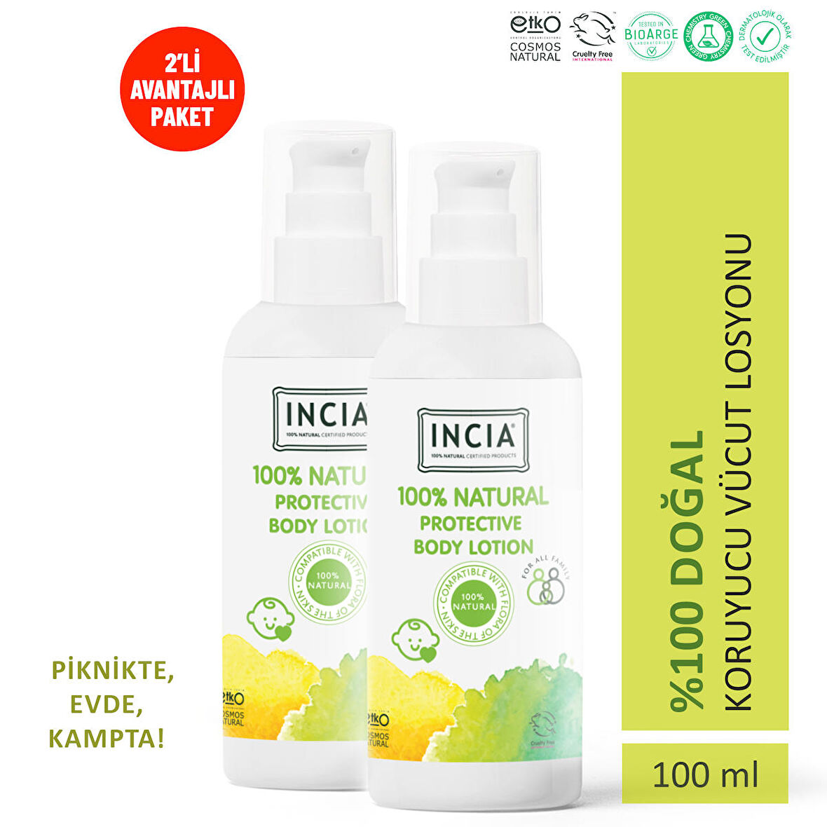 INCIA %100 Doğal Koruyucu Vücut Losyonu Sprey Yenidoğan Bebek Çocuk Limon Okaliptus Vegan 100 ml X 2 Adet