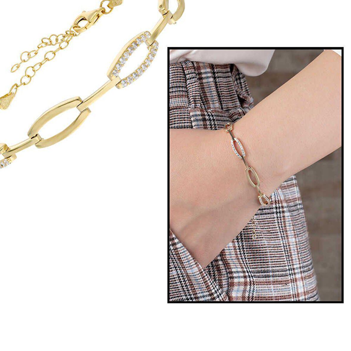 Zirkon Taşlı 6lı Cats Eye Gold Renk 925 Ayar Gümüş Bayan Bileklik