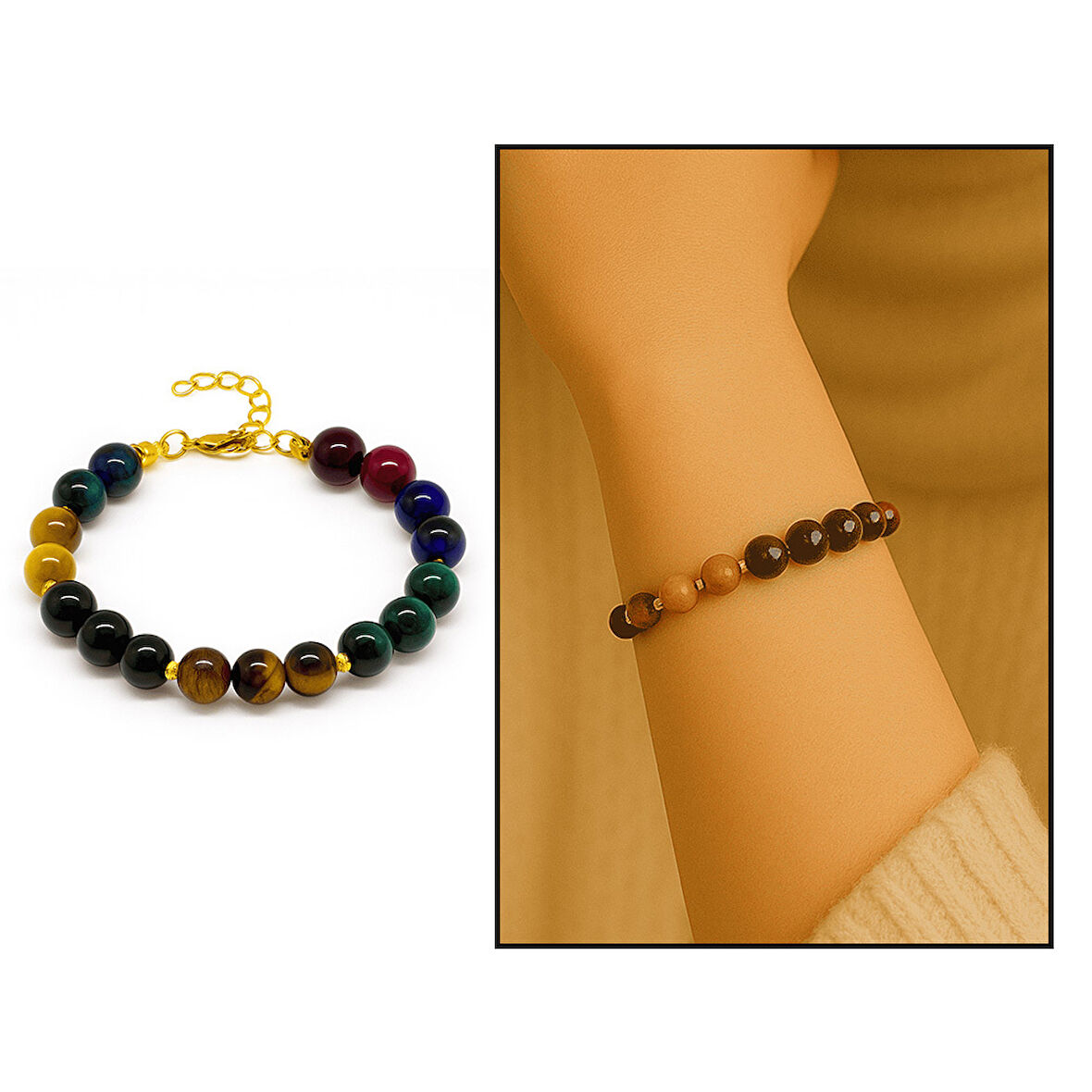 Gold Renk Metal Zincir Küre Kesim Çoklu Kaplan Gözü Doğaltaş Kombinli Kadın Enerji Bilekliği