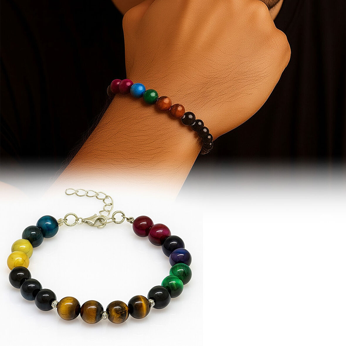 Gümüş Renk Metal Zincirli Küre Kesim Çoklu Kaplan Gözü Doğaltaş Kombinli Erkek Enerji Bilekliği