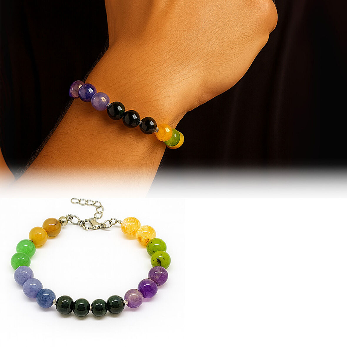 Gümüş Renk Kararmaz Metal Zincirli Küre Kesim Çoklu Doğaltaş Kombinli Erkek Şifa Bilekliği