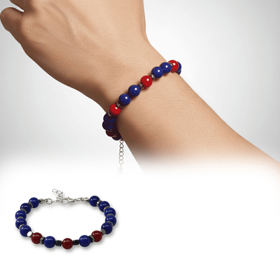 Gümüş Renk Kararmaz Metal Zincir Küre Kesim Bordo Mavi Jade Hematit Doğaltaş Erkek Taraftar Bileklik