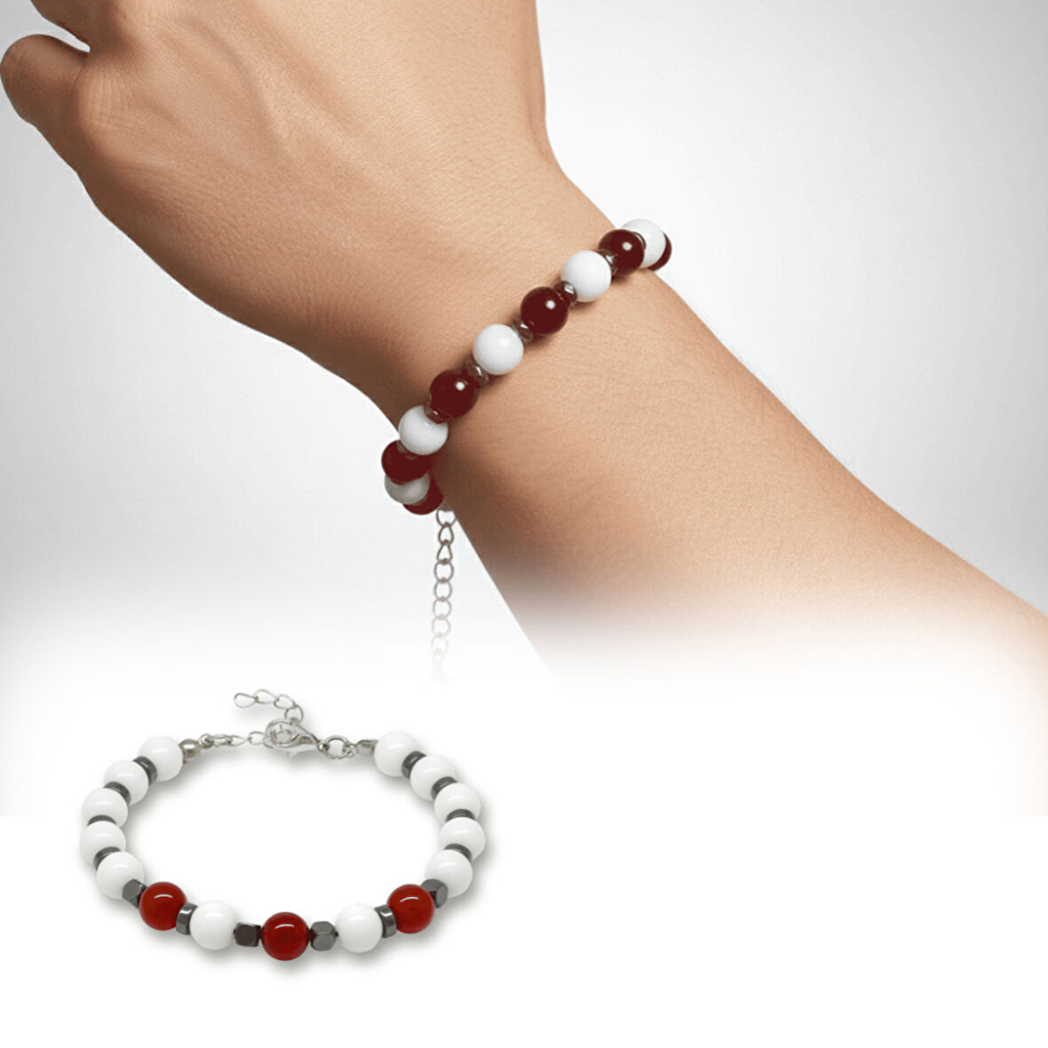 Gümüş Renk Metal Zincir Küre Kesim Kırmızı Beyaz Jade Akik Hematit Doğaltaş Erkek Taraftar Bileklik