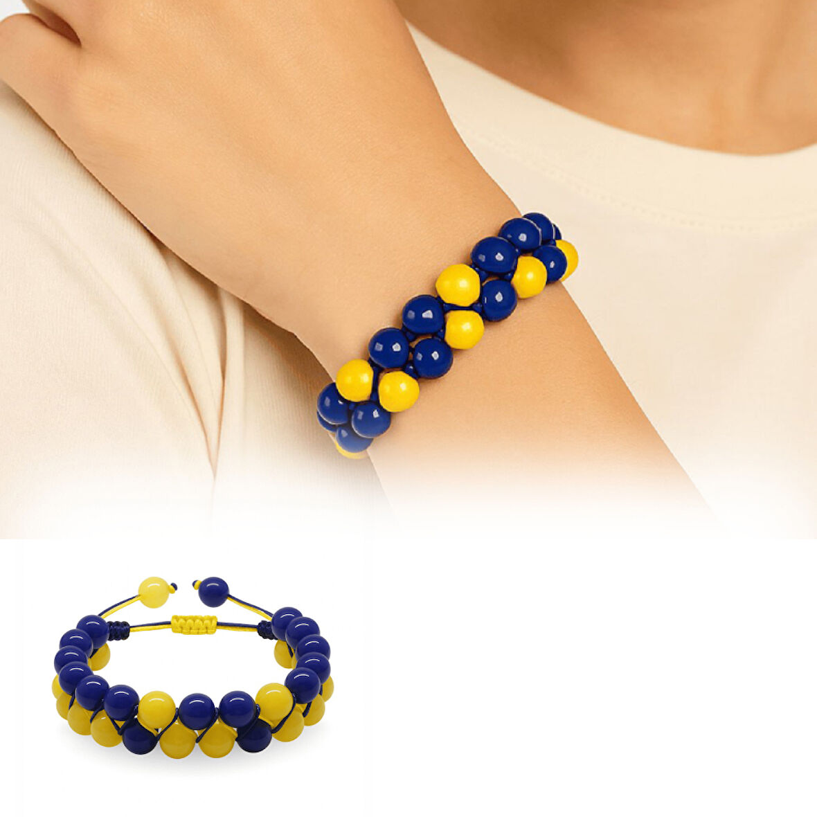 Çift Sıra Makrome Örgülü Küre Kesim Sarı Lacivert Jade Doğaltaş Kadın Taraftar Bileklik
