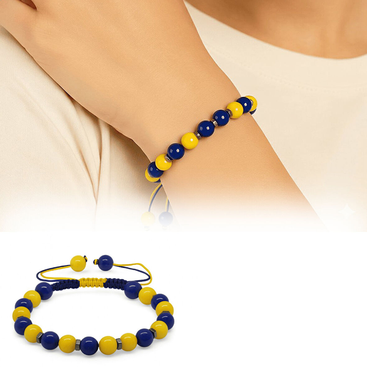 Makrome Örgülü Küre Kesim Sarı Lacivert Jade Hematit Doğaltaş Kadın Taraftar Bileklik