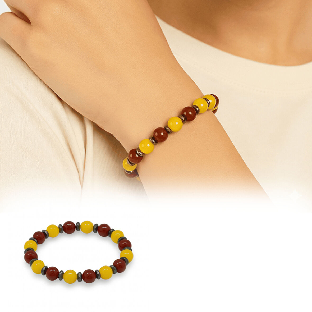 Küre Kesim Sarı Kırmızı Jade Akik Hematit Doğaltaş Kadın Taraftar Bileklik M2