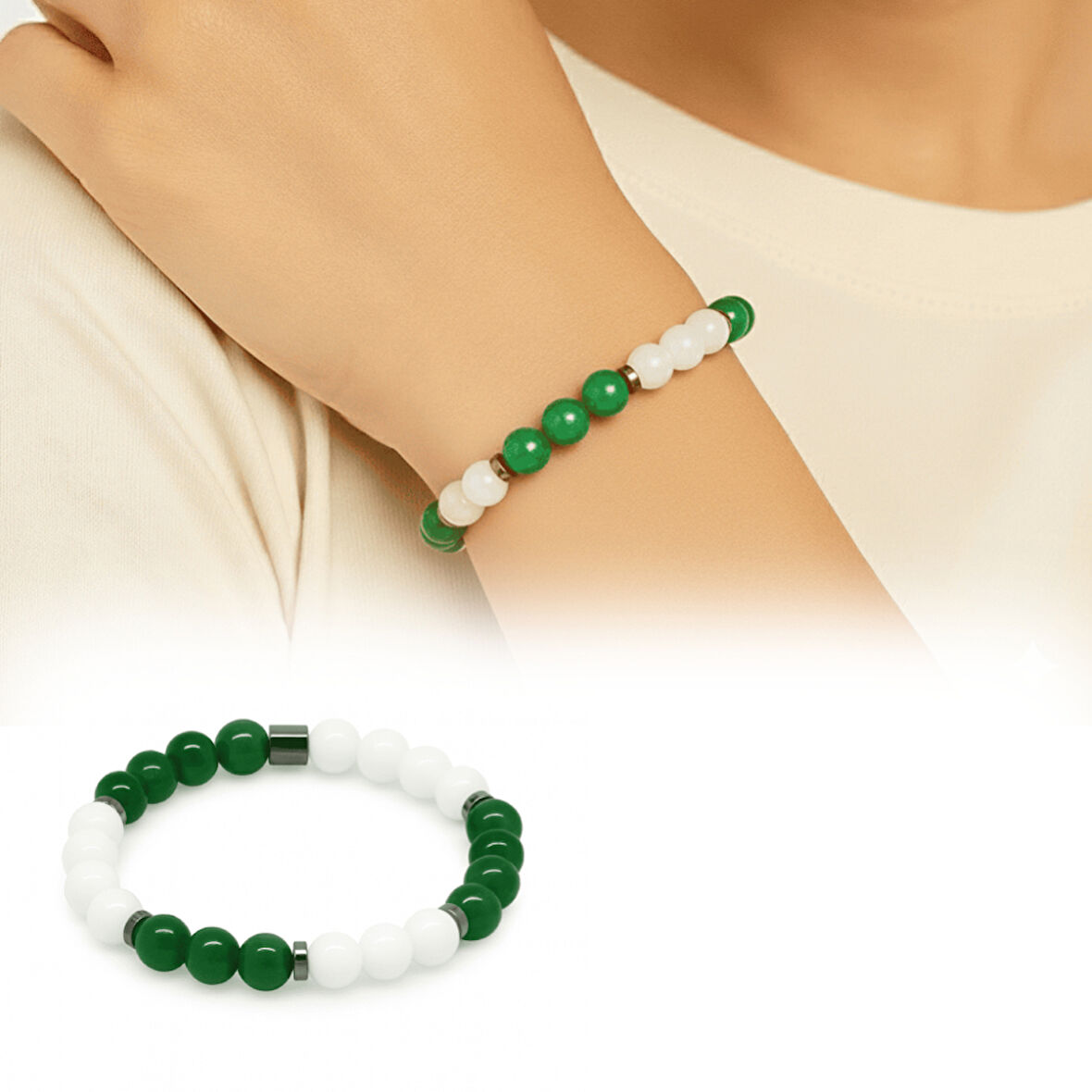Küre Kesim Yeşil Beyaz Jade Doğaltaş Kadın Taraftar Bileklik