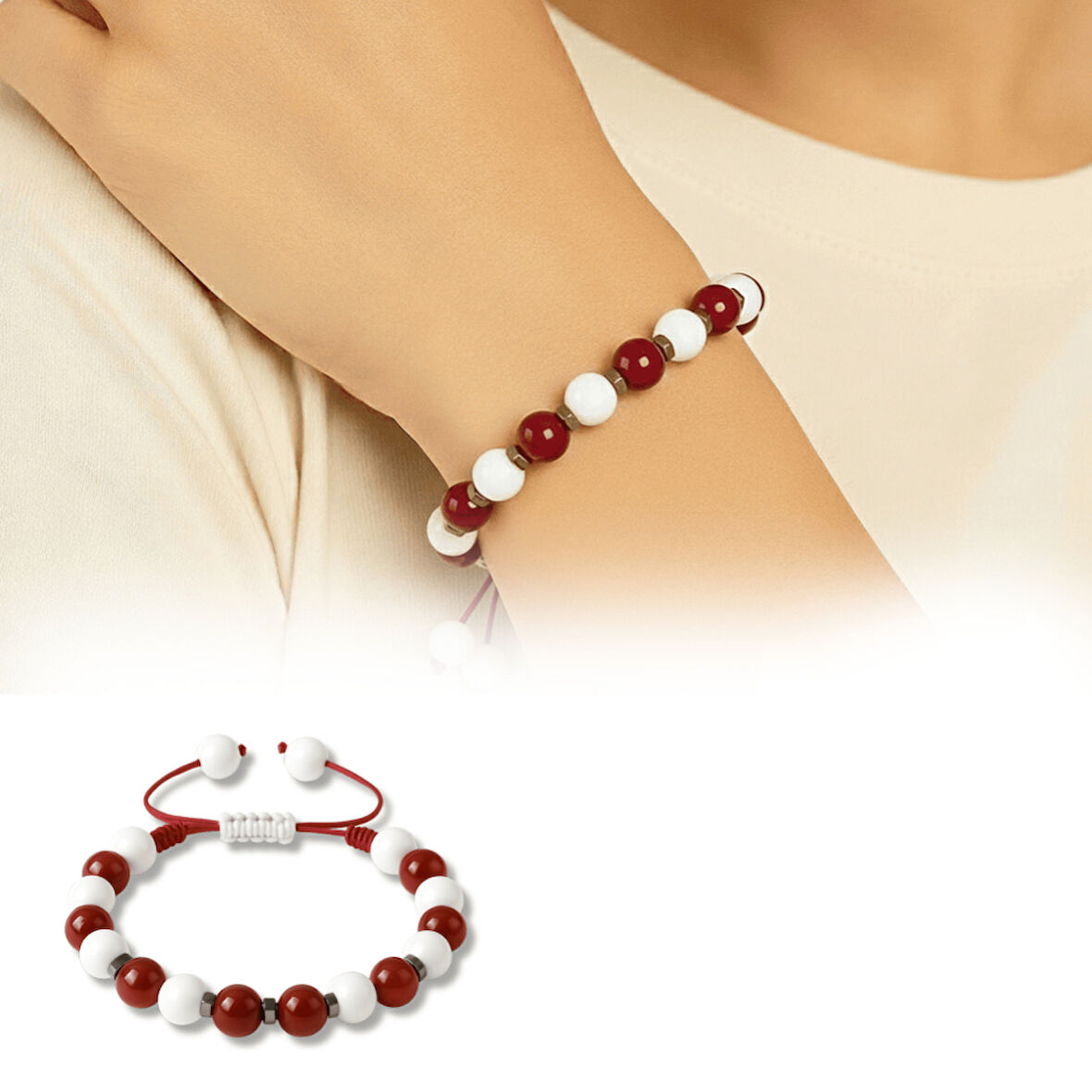 Makrome Örgülü Küre Kesim Kırmızı Beyaz Jade Akik Hematit Doğaltaş Kadın Taraftar Bileklik
