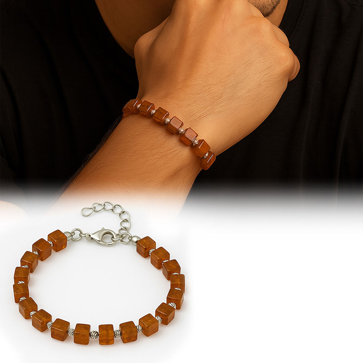 Gümüş Renk Metal Zincirli Dorika Top Süsleme Küp Kesim Bal Rengi Doğal Damla Kehribar Erkek Bileklik