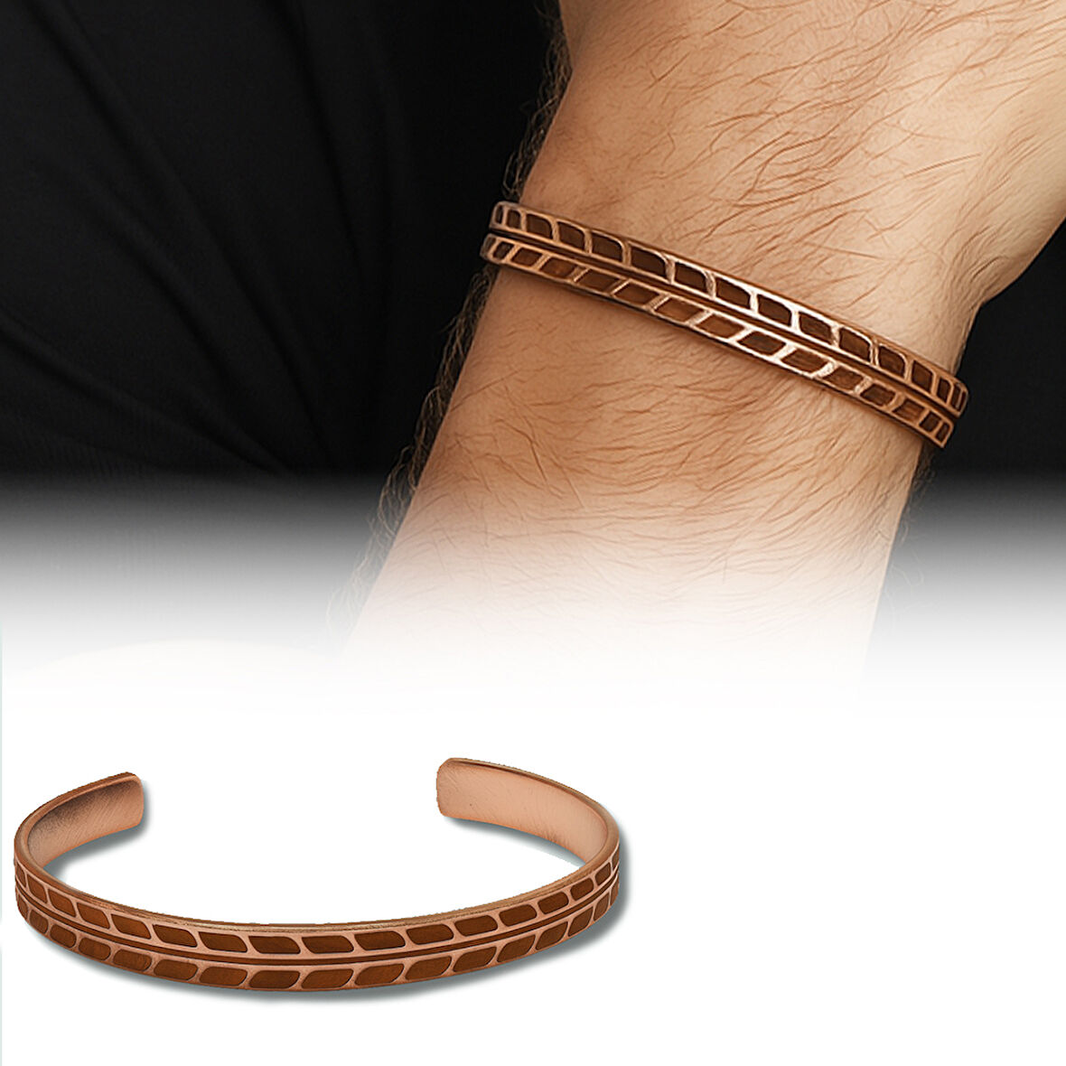 Erkek Bakır Bileklik - Buğday Desenli - Esnek Yapılı