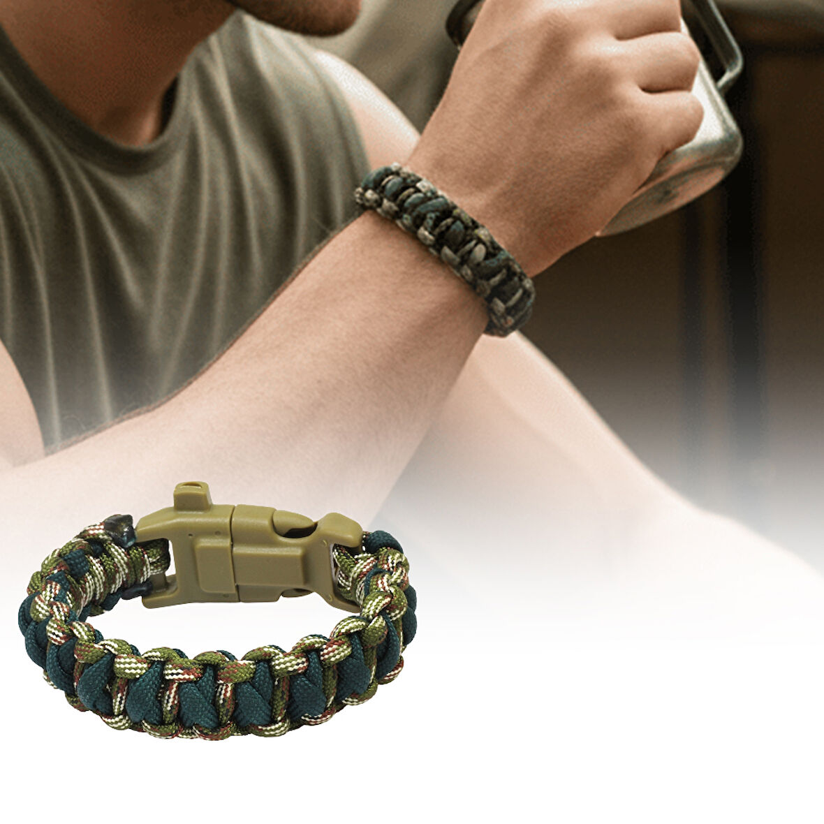 Pusulalı Çakmaklı Taktik Paracord Bileklik - Asker Kamuflaj Desen - Kamp ve Doğa Sporları İçin