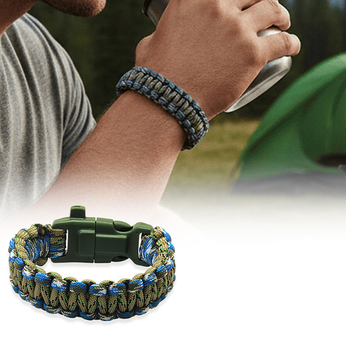 Pusulalı Çakmaklı Taktik Paracord Bileklik - Orman Mavi Kamuflaj Desen - Kamp ve Doğa Sporları İçin