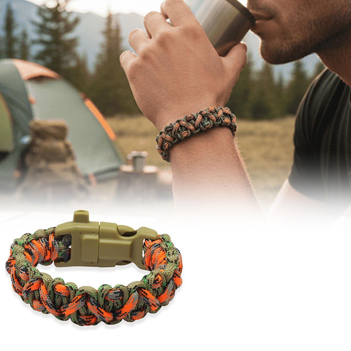 Pusulalı Çakmaklı Taktik Paracord Bileklik - Avcı Kamuflaj Desen - Kamp ve Doğa Sporları İçin