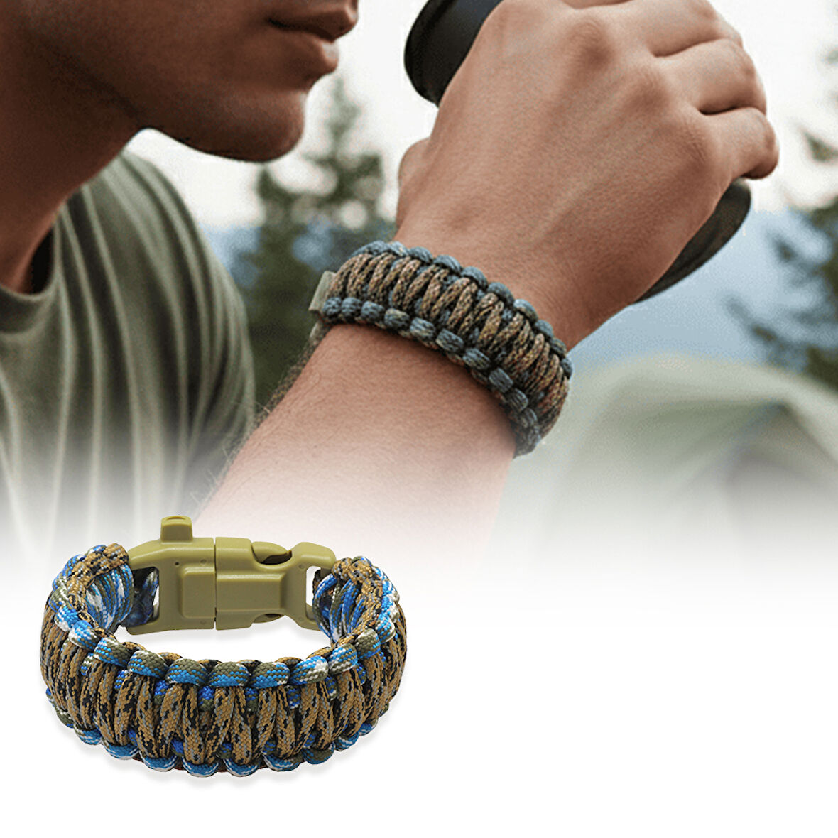 Pusulalı Çakmaklı Taktik Paracord Bileklik - Toprak Mavi Kamuflaj Desen - Kamp ve Doğa Sporları İçin