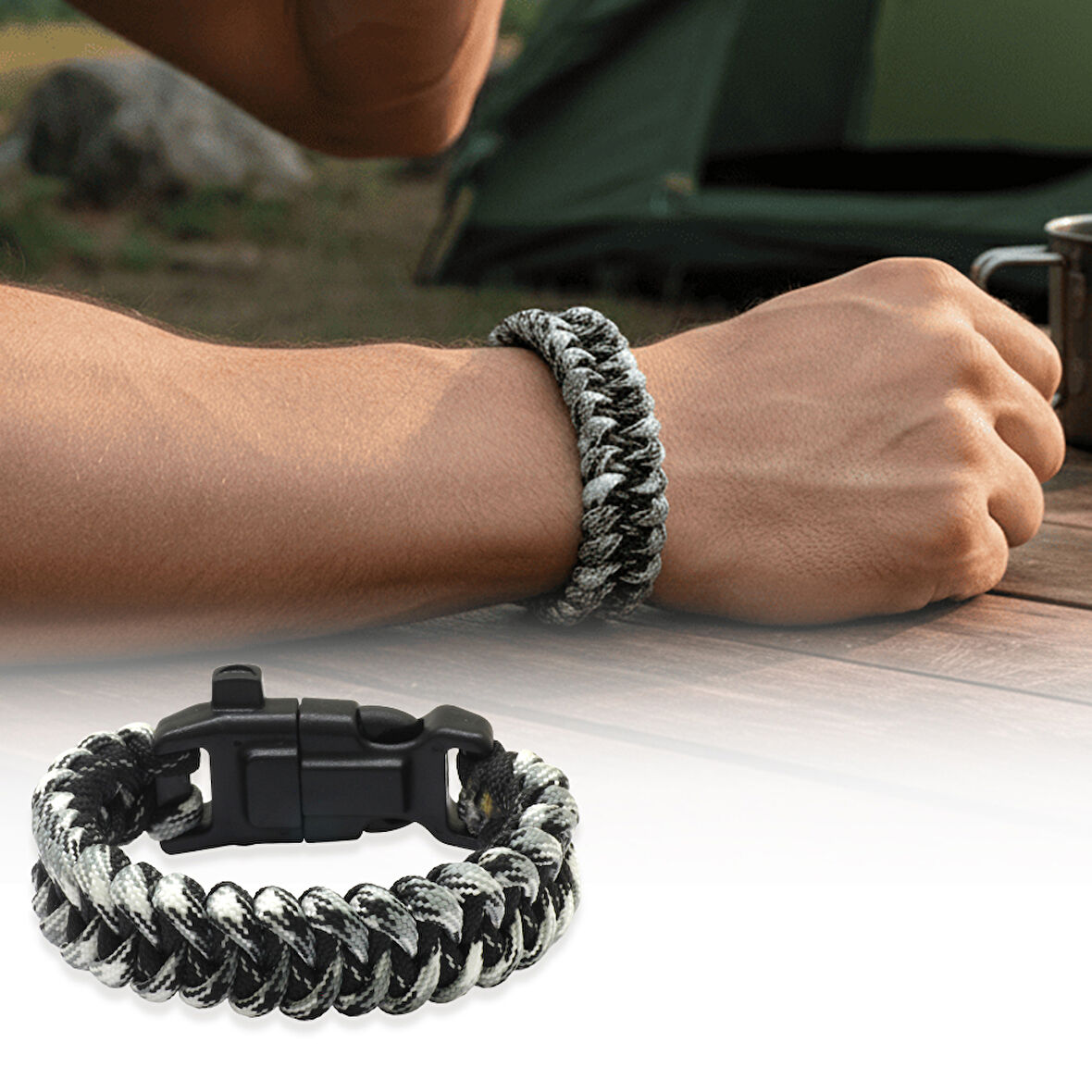 Pusulalı Çakmaklı Taktik Paracord Bileklik - Şehir Mavi Kamuflaj Desen - Kamp ve Doğa Sporları İçin