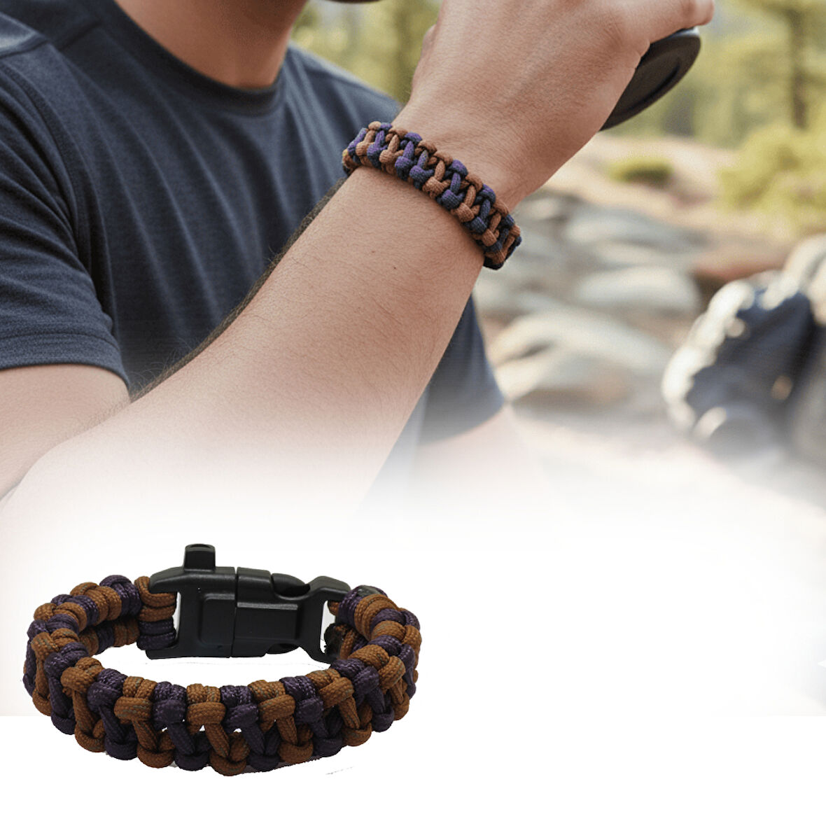 Pusulalı Çakmaklı Taktik Paracord Bileklik - Toprak Mor Kamuflaj Desen - Kamp ve Doğa Sporları İçin