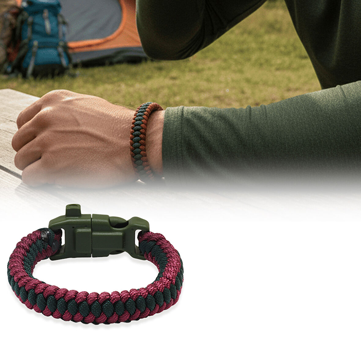 Pusulalı Çakmaklı Taktik Paracord Bileklik - Bordo Yeşil Kamuflaj Desen - Kamp ve Doğa Sporları İçin