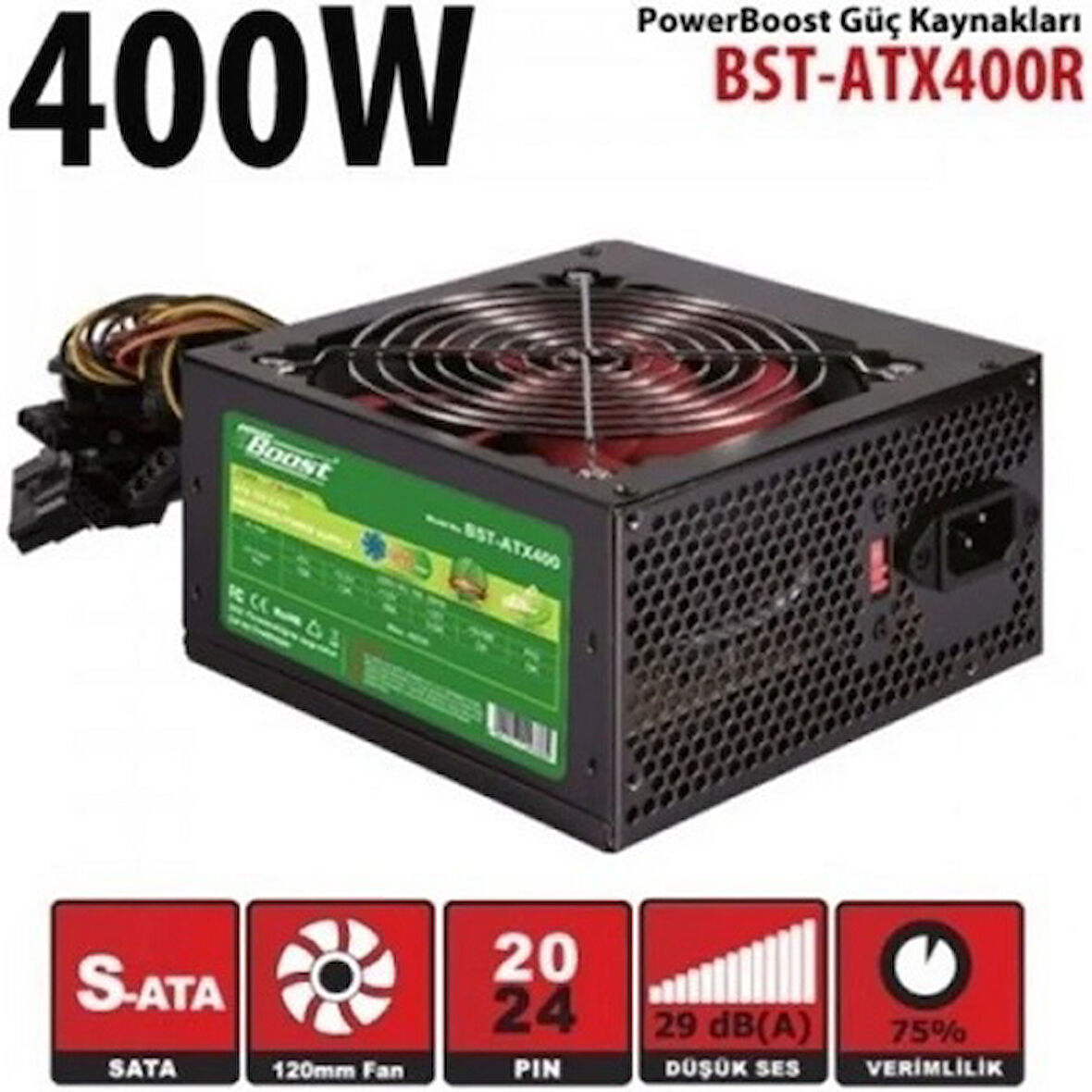 POWERBOOST BST-ATX400R 400W 12 CM SİYAH FAN Atx PSU RETAIL BOX (KUTULU) + (Power Kablo)