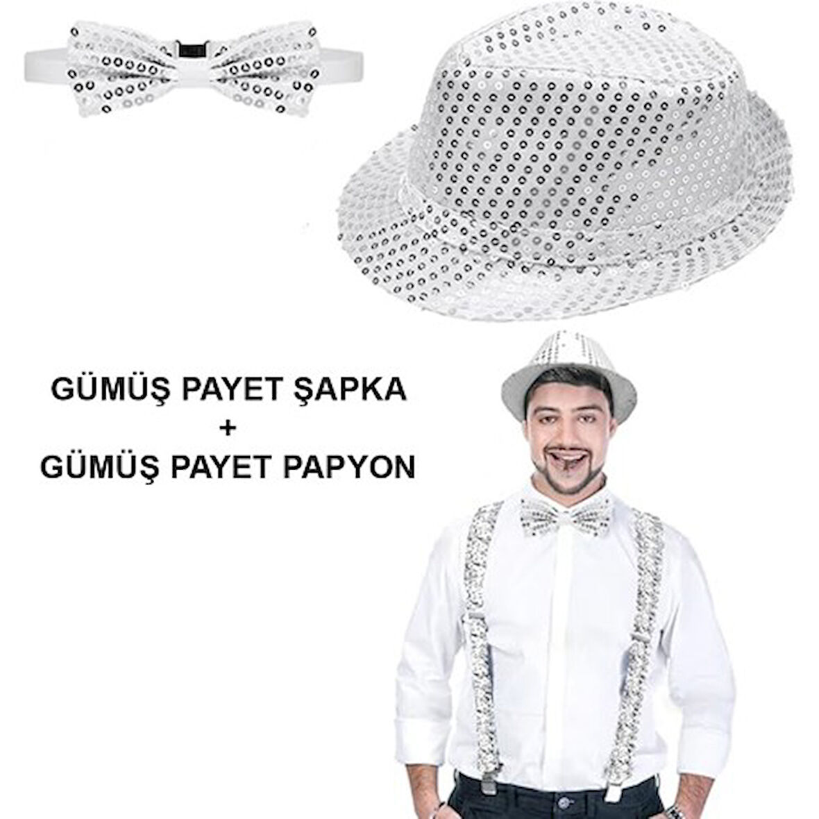 Periboia Gümüş Payetli Şapka ve Papyon Seti – Parıltılı Yetişkin Kostüm Seti