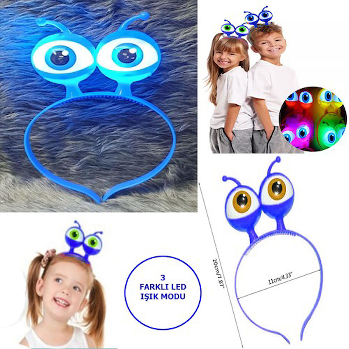 Periboia Led Işıklı &amp; Pilli Uzaylı Göz Parti Tacı Mavi Renk 