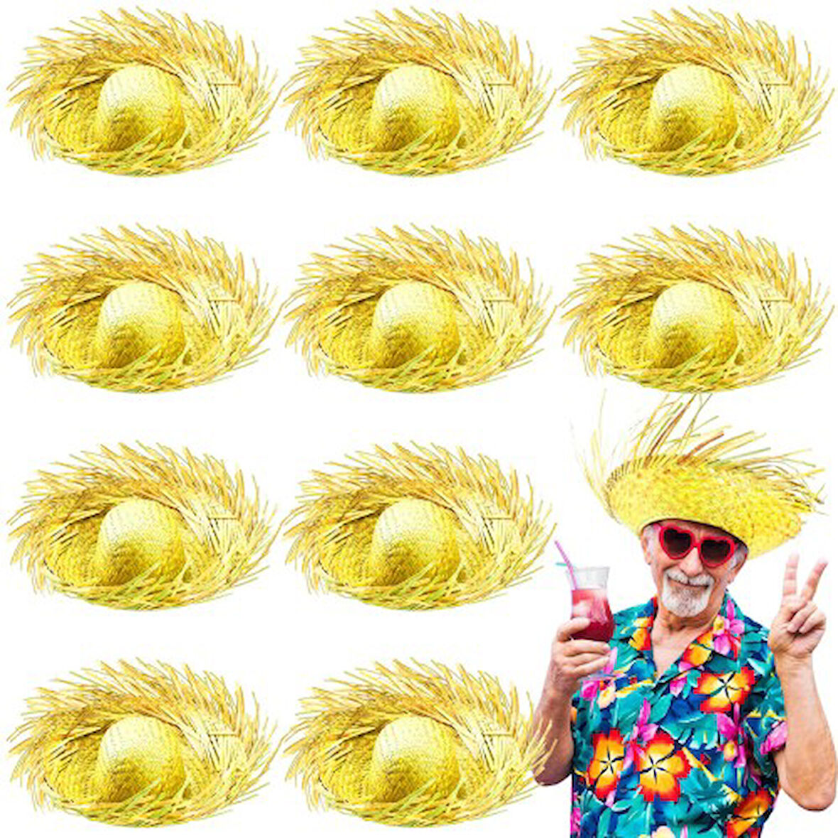 Periboia Tropikal Parti Sarı Hasır Hawaii Şapkası