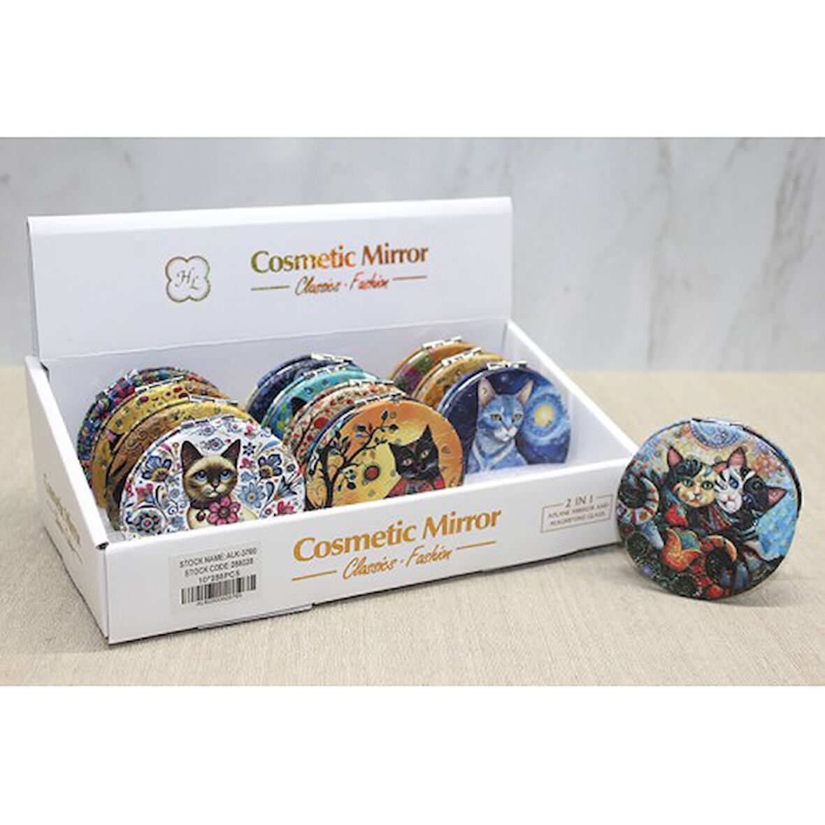 Periboia Kedi Taşlı El Aynası Yuvarlak İnce 