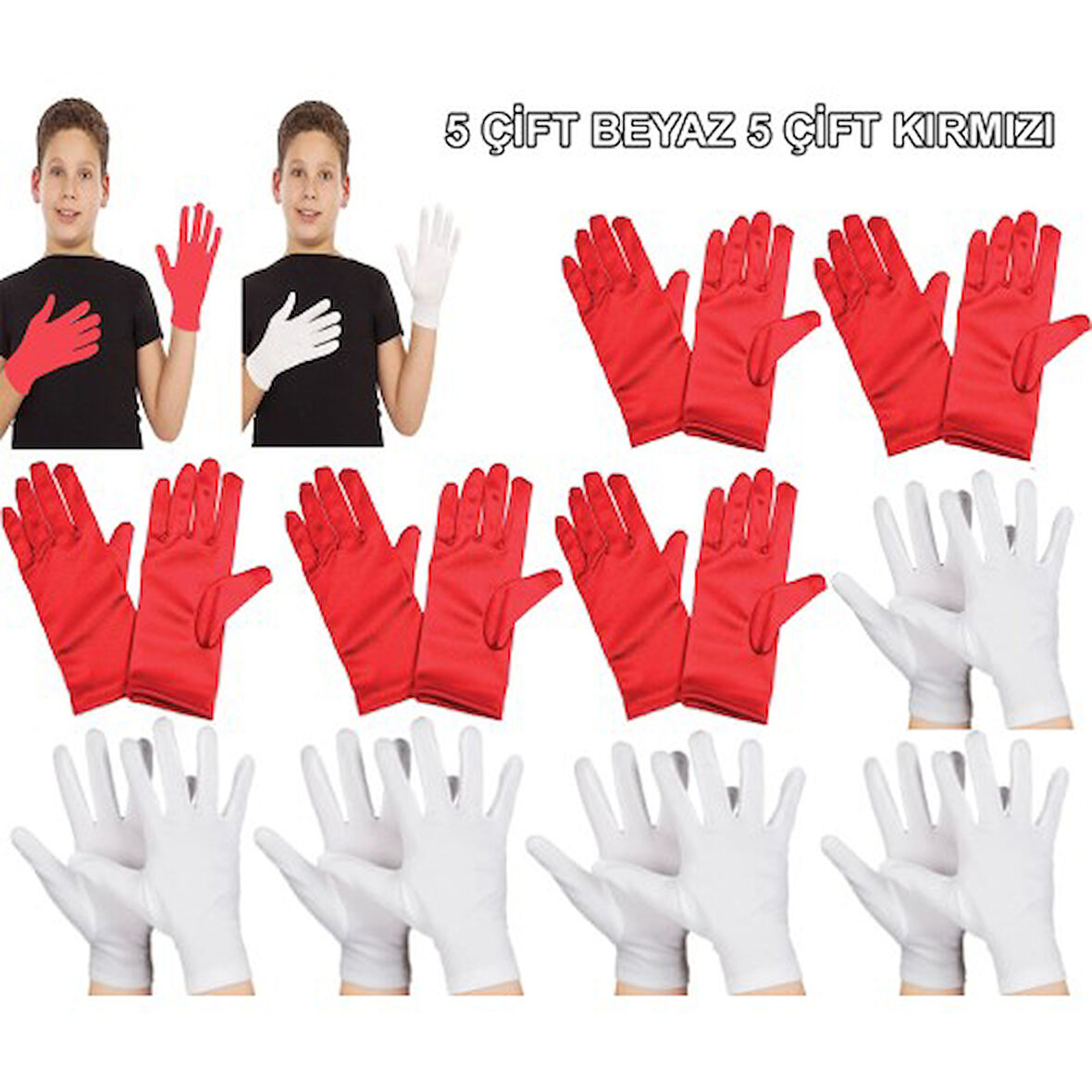 Periboia Çocuk Gösteri Eldiven Seti – 5 Çift Beyaz & 5 Çift Kırmızı