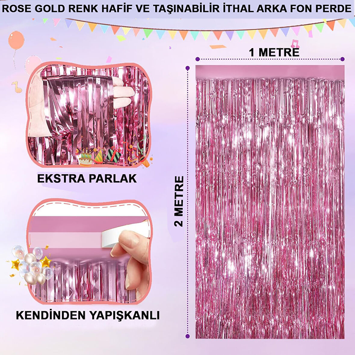 Periboia Ekstra Metalize Parlak Saçaklı Arka Fon Perde Rose Gold