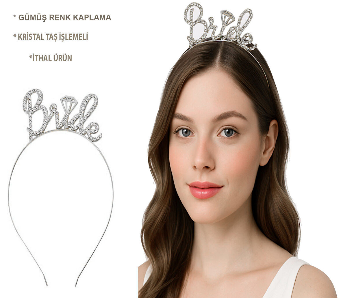 Periboia Gümüş Renkli Taşlı “Bride” Gelin Tacı
