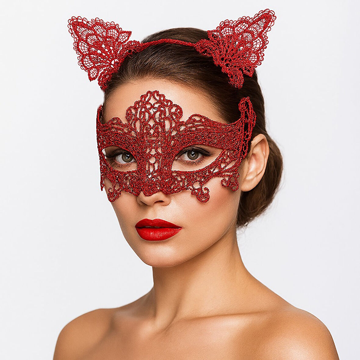 Periboia Romantik Kırmızı Dantel Maske Seti – Kedi Kulaklı Taç ve Maske No 3