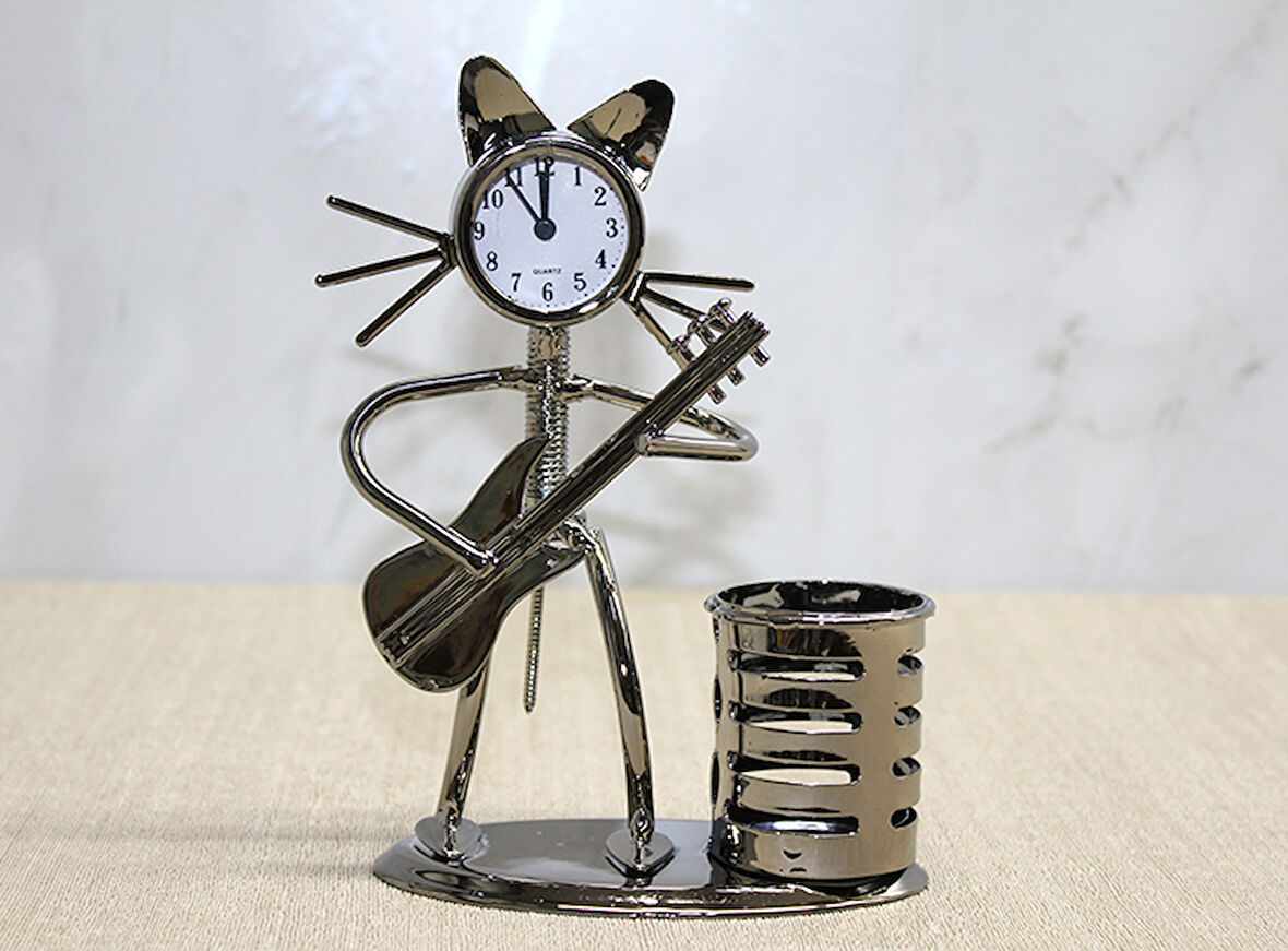 Periboia Metal Gitar Çalan Müzisyen Kedi Saat Ve Kalemlik