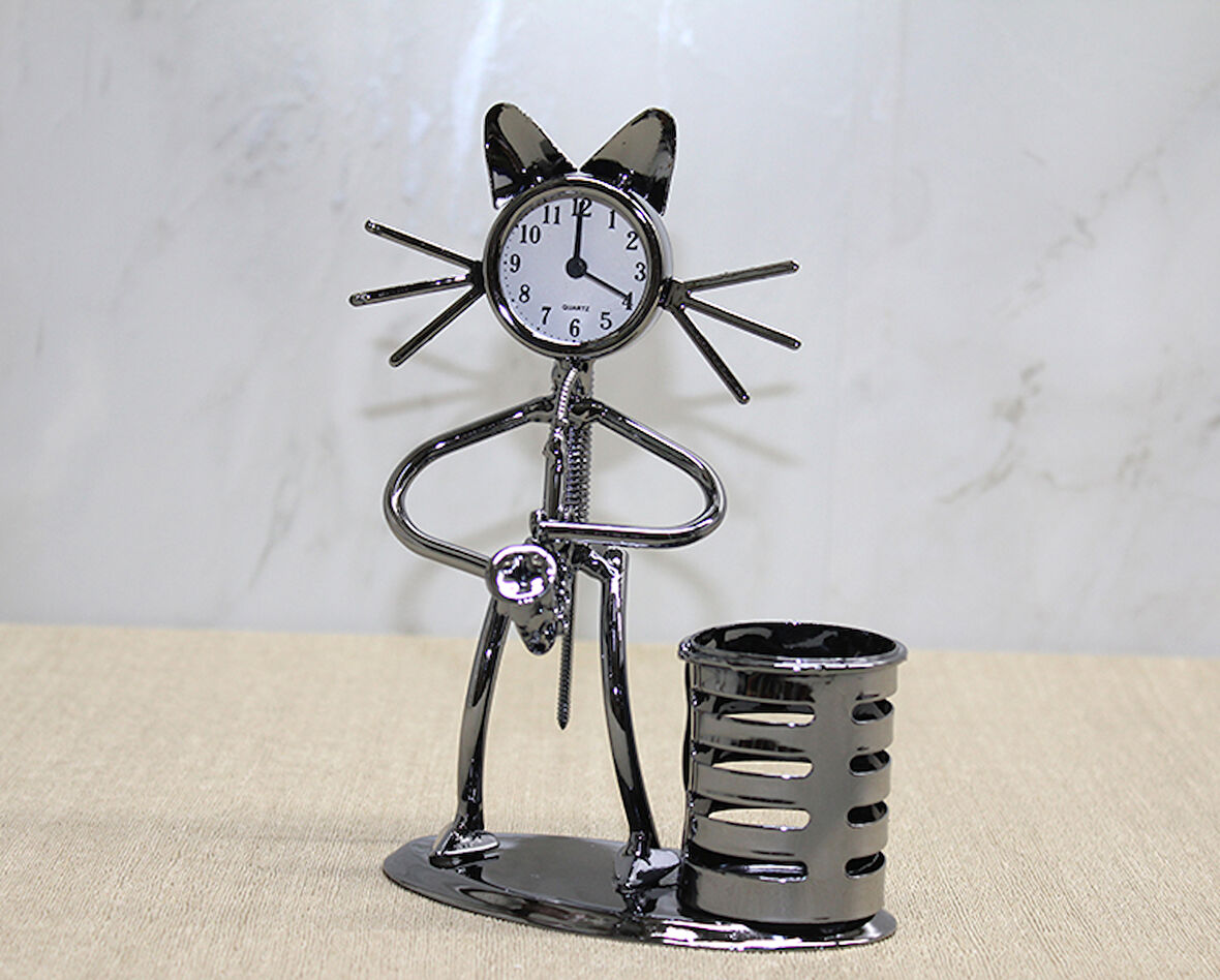 Periboia Metal Saksafon Çalan Müzisyen Kedi Saat Ve Kalemlik