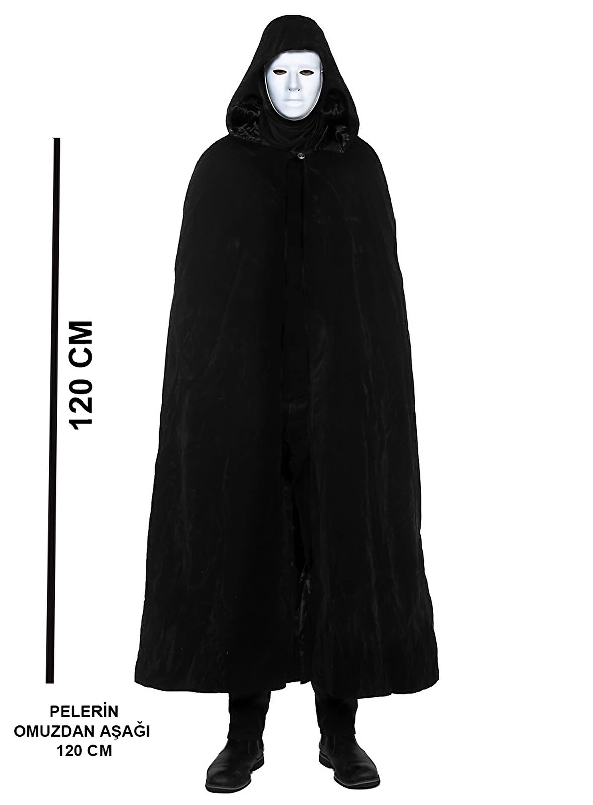 Periboia Siyah Kapüşonlu 120 cm Pelerin ve Beyaz Boyanabilir Tam Yüz Maske