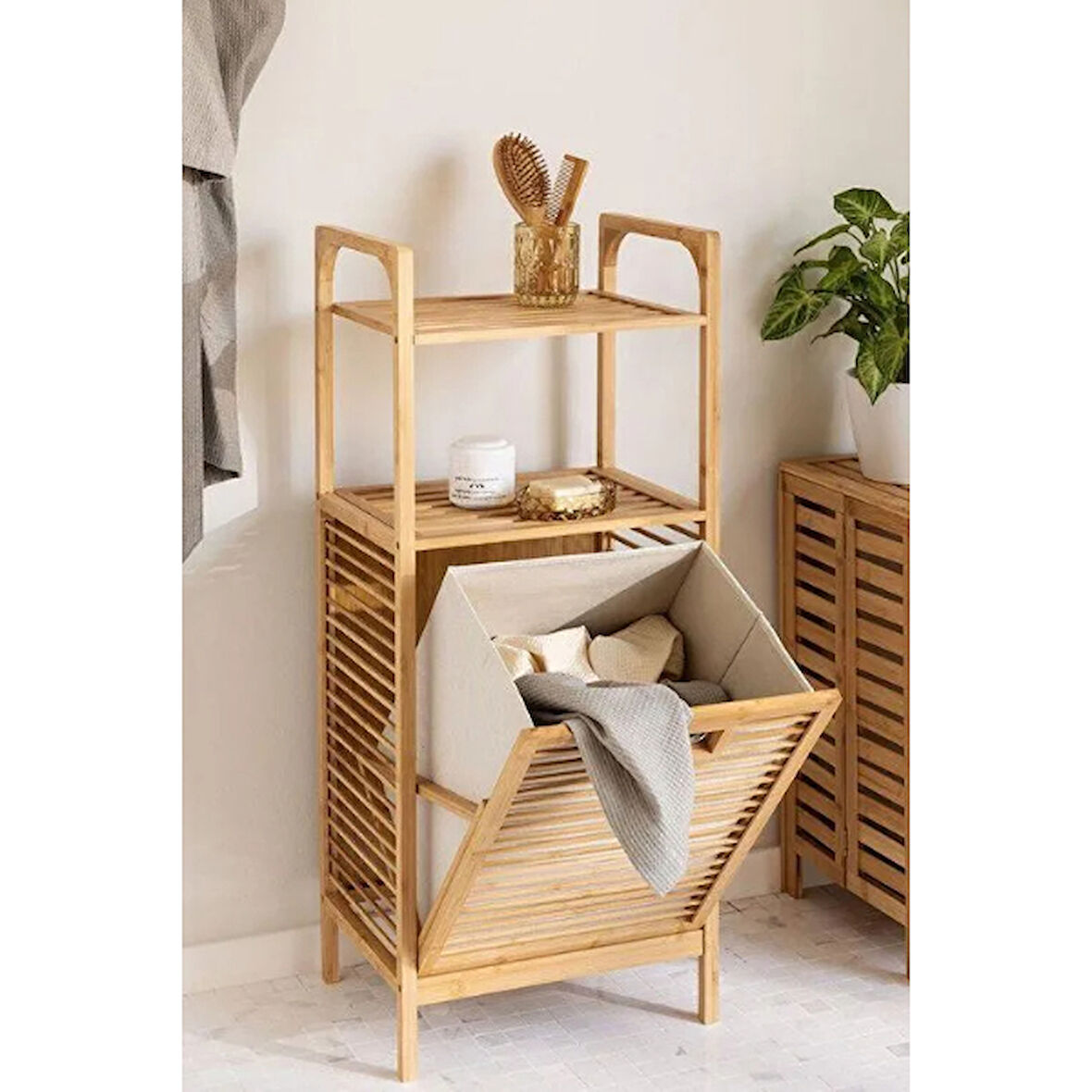 Periboia 2 Organizer Raflı Ahşap Bambu Çek-Aç Kirli Sepeti