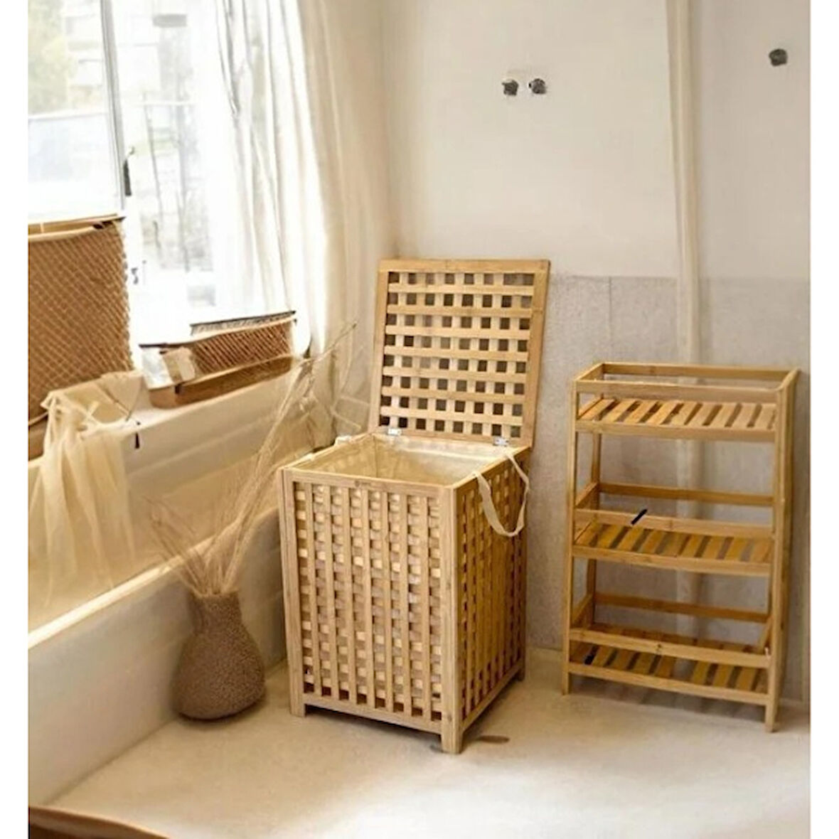 Periboia Büyük Boy Ahşap Bambu Kirli Sepeti 45x45x62