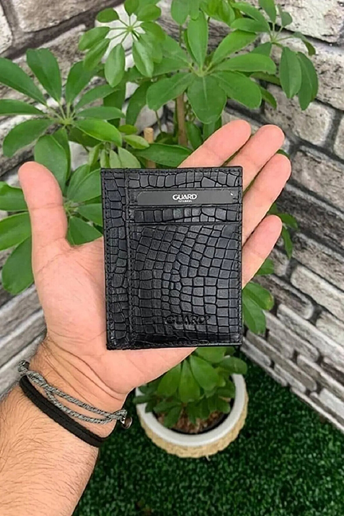 Hakiki Deri Texas Baskı Siyah İnce Kartlık (T365)