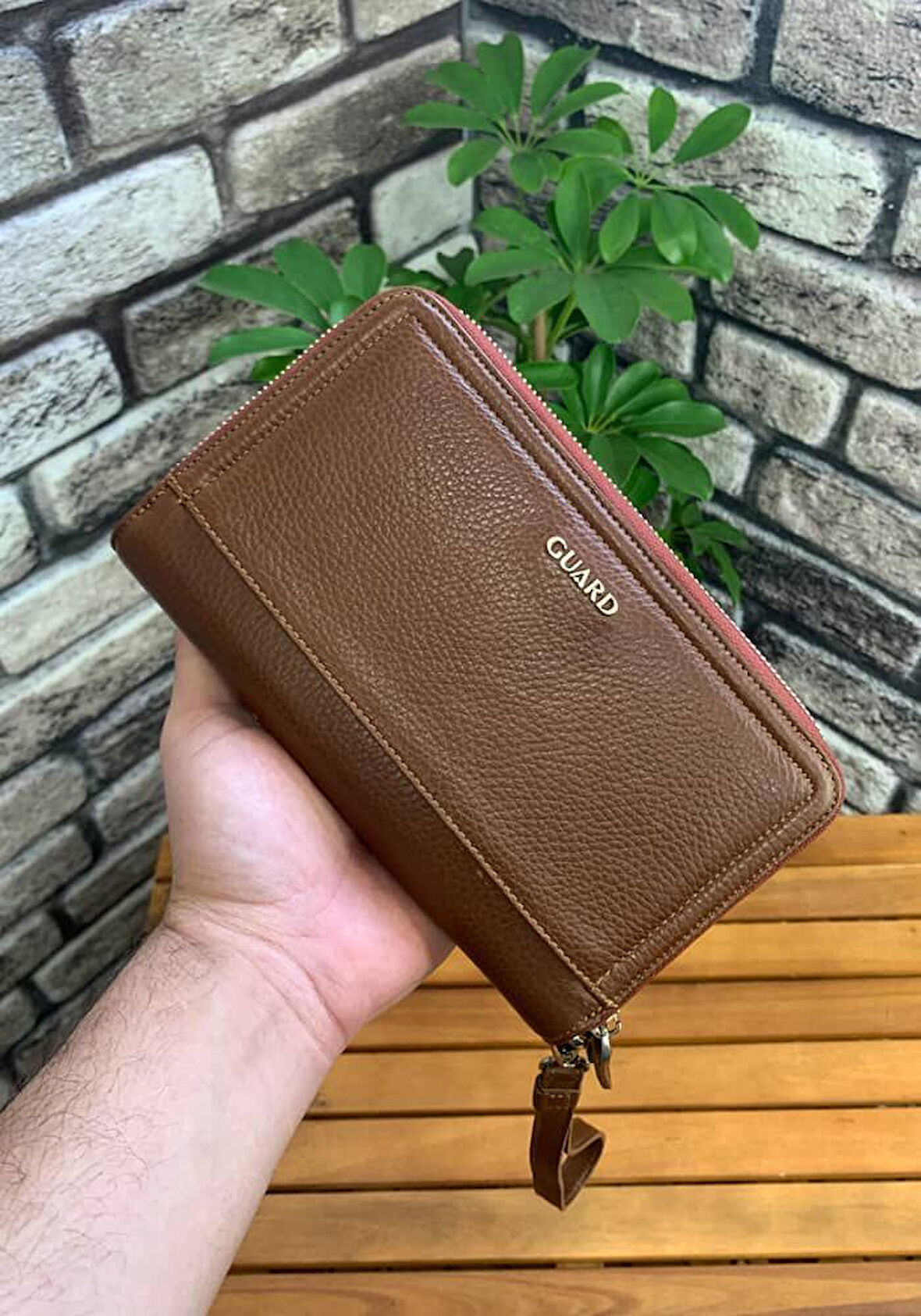Hakiki Deri Çift Fermuarlı Taba Erkek El Çantası (T1373)