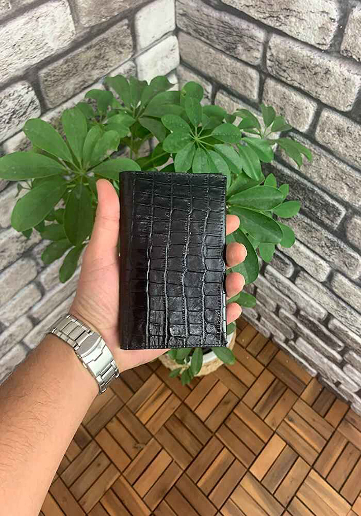 Hakiki Deri Croco Baskılı Siyah Pasaport Kılıfı (T1377)