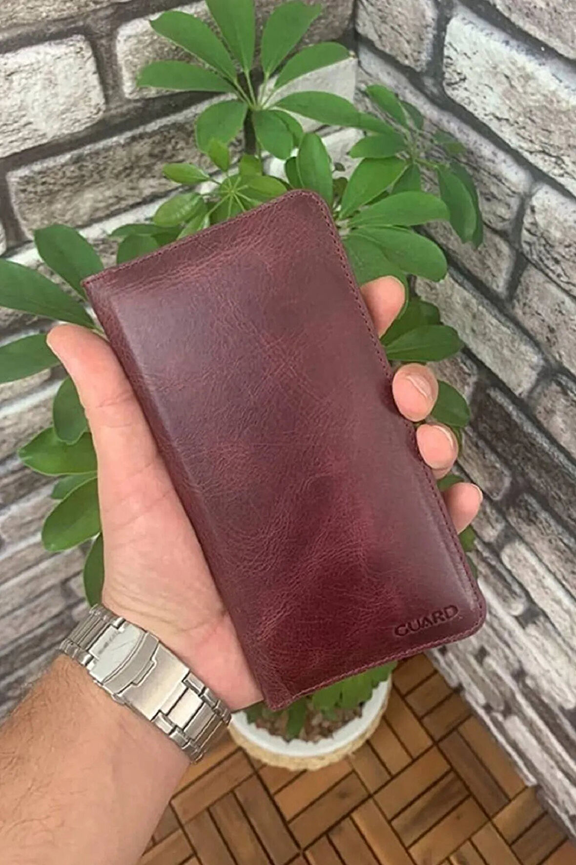 Derije Hakiki Deri Antik Bordo Telefon Girişli El Portföyü (T1505)
