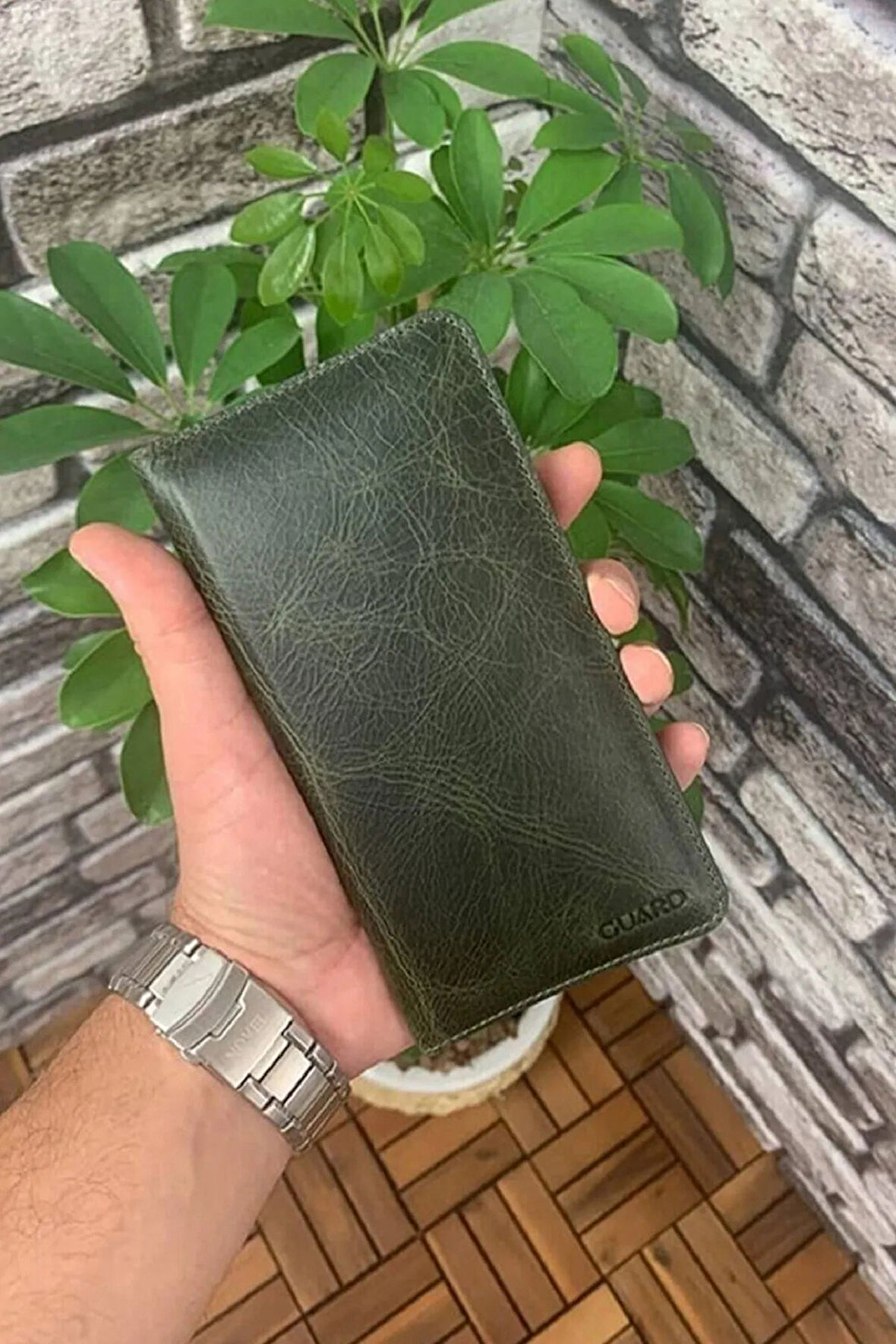 Derije Hakiki Deri Antik Yeşil Telefon Girişli El Portföyü (T1506)