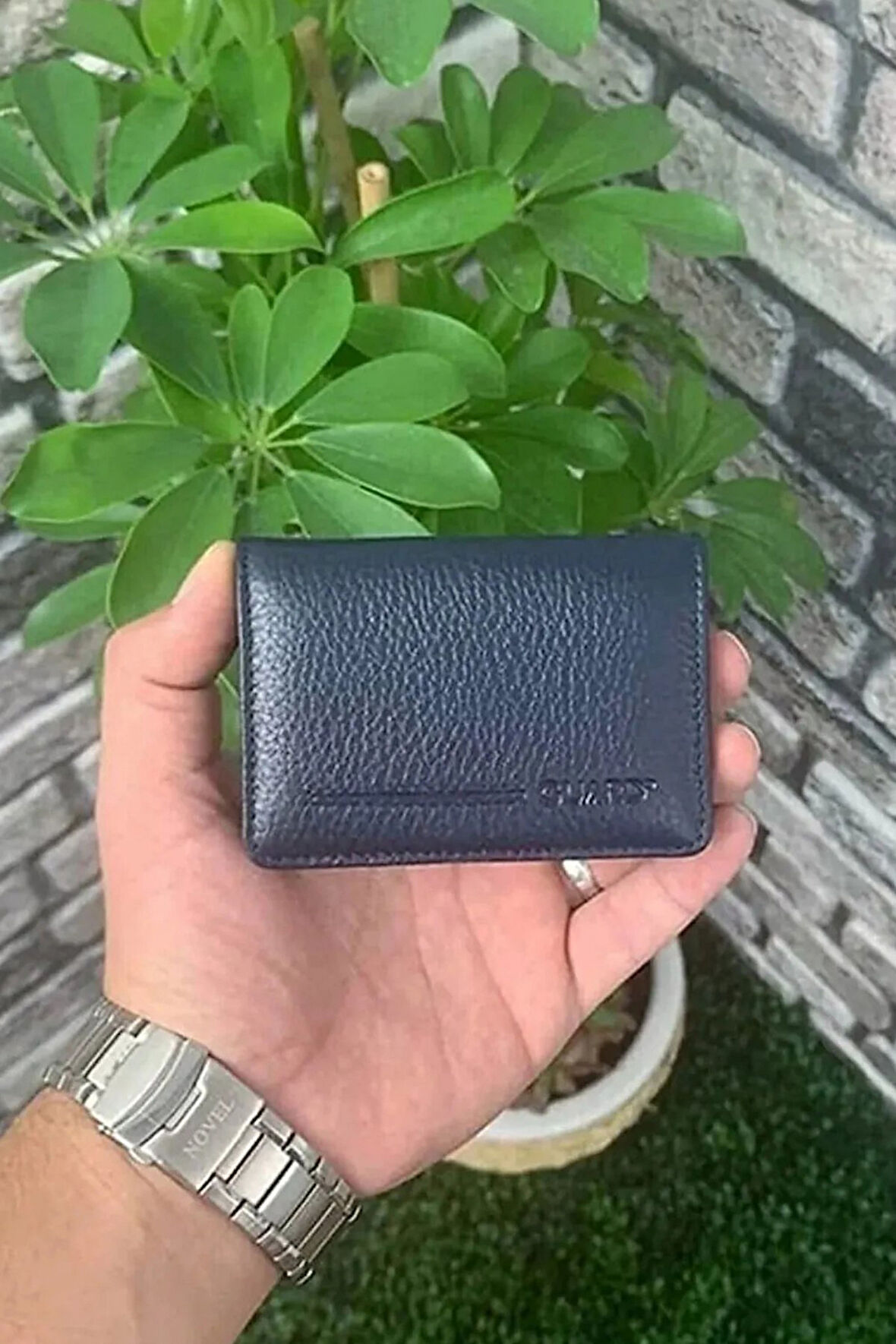 Derije Hakiki Deri Mıknatıslı Küçük Boy Lacivert Kartlık/Kartvizitlik (T392)
