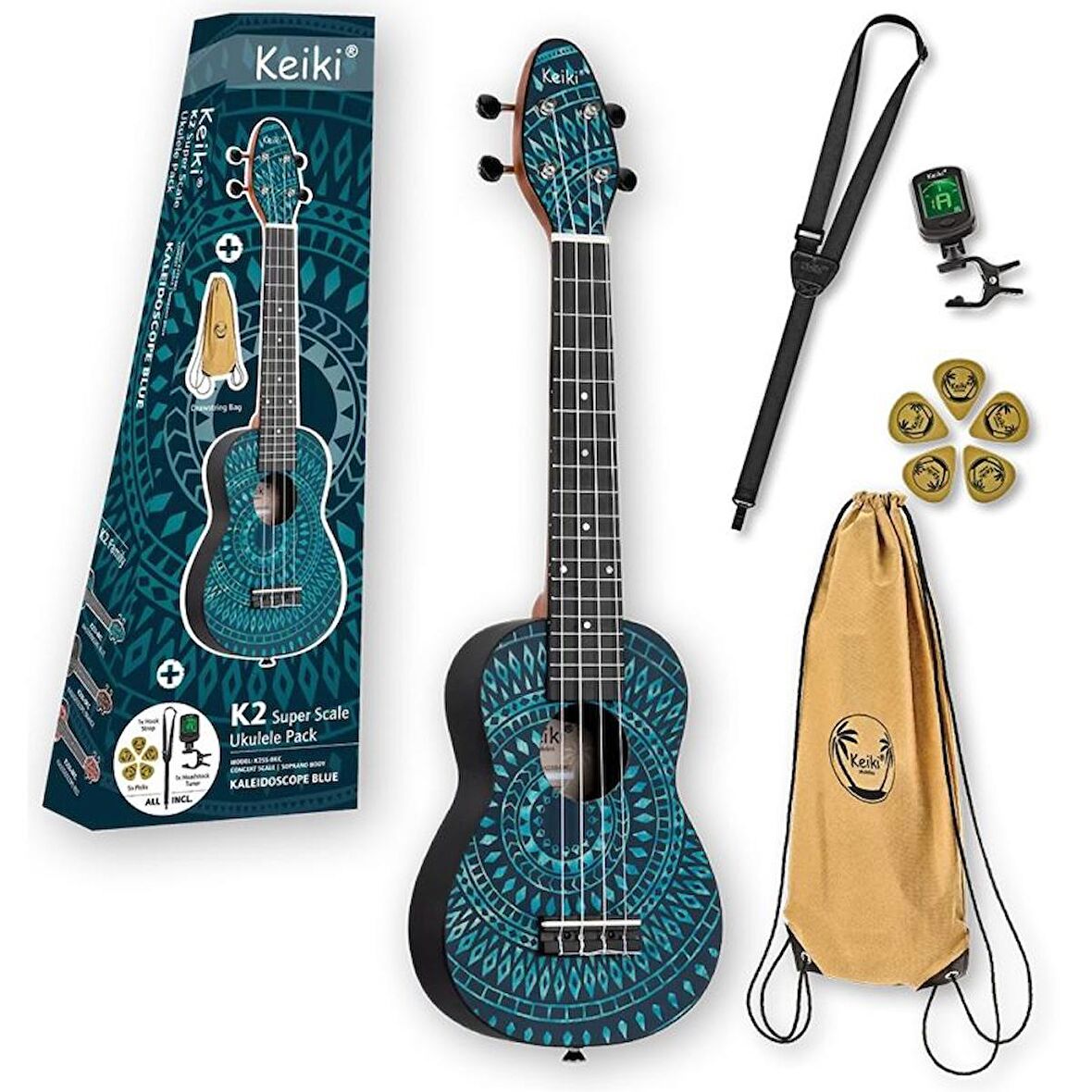 Ortega K2SS Keiki Sopranino Ukulele Set (Blue Kaleidoscope)