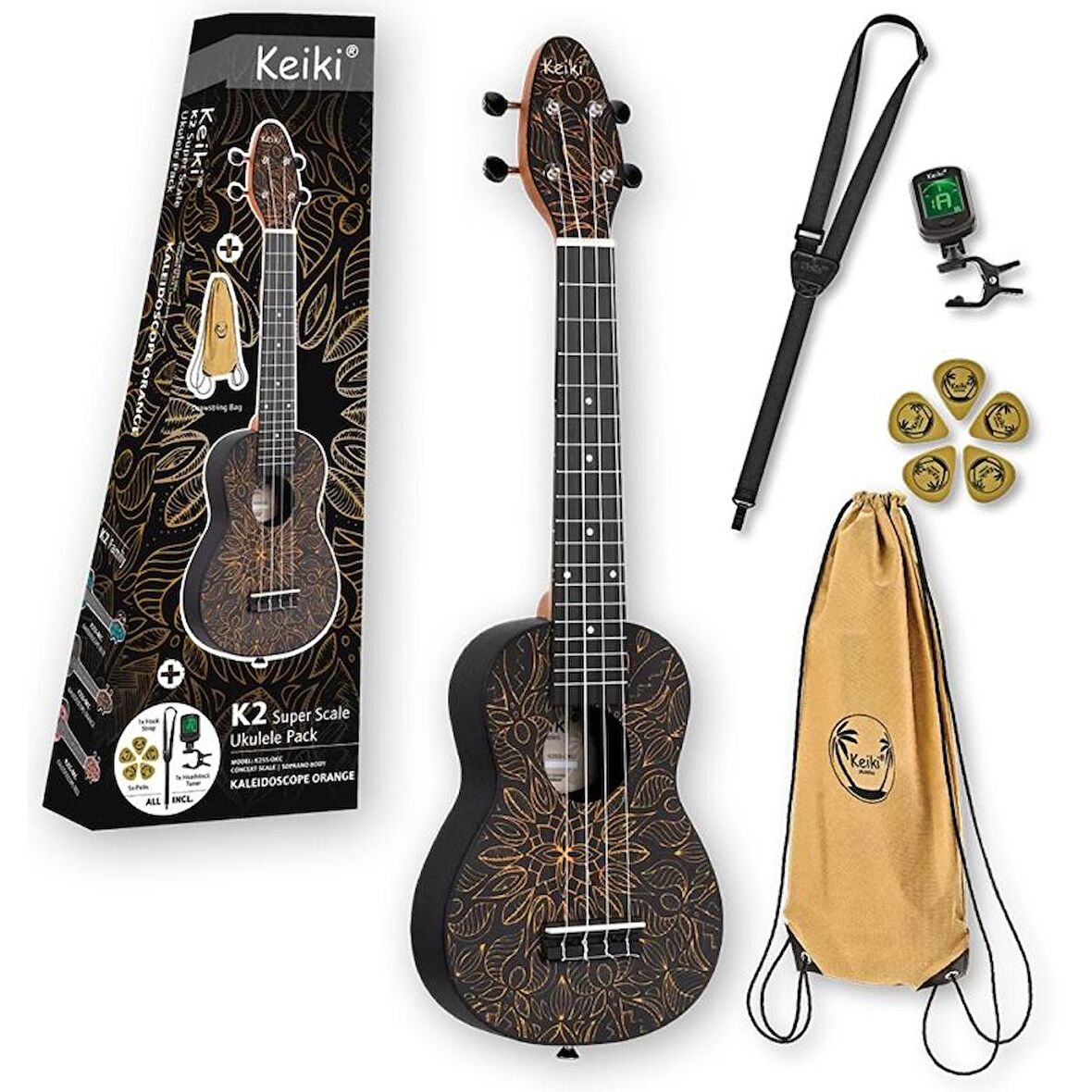 Ortega K2SS Keiki Sopranino Ukulele Set (Orange Kaleidoscope)