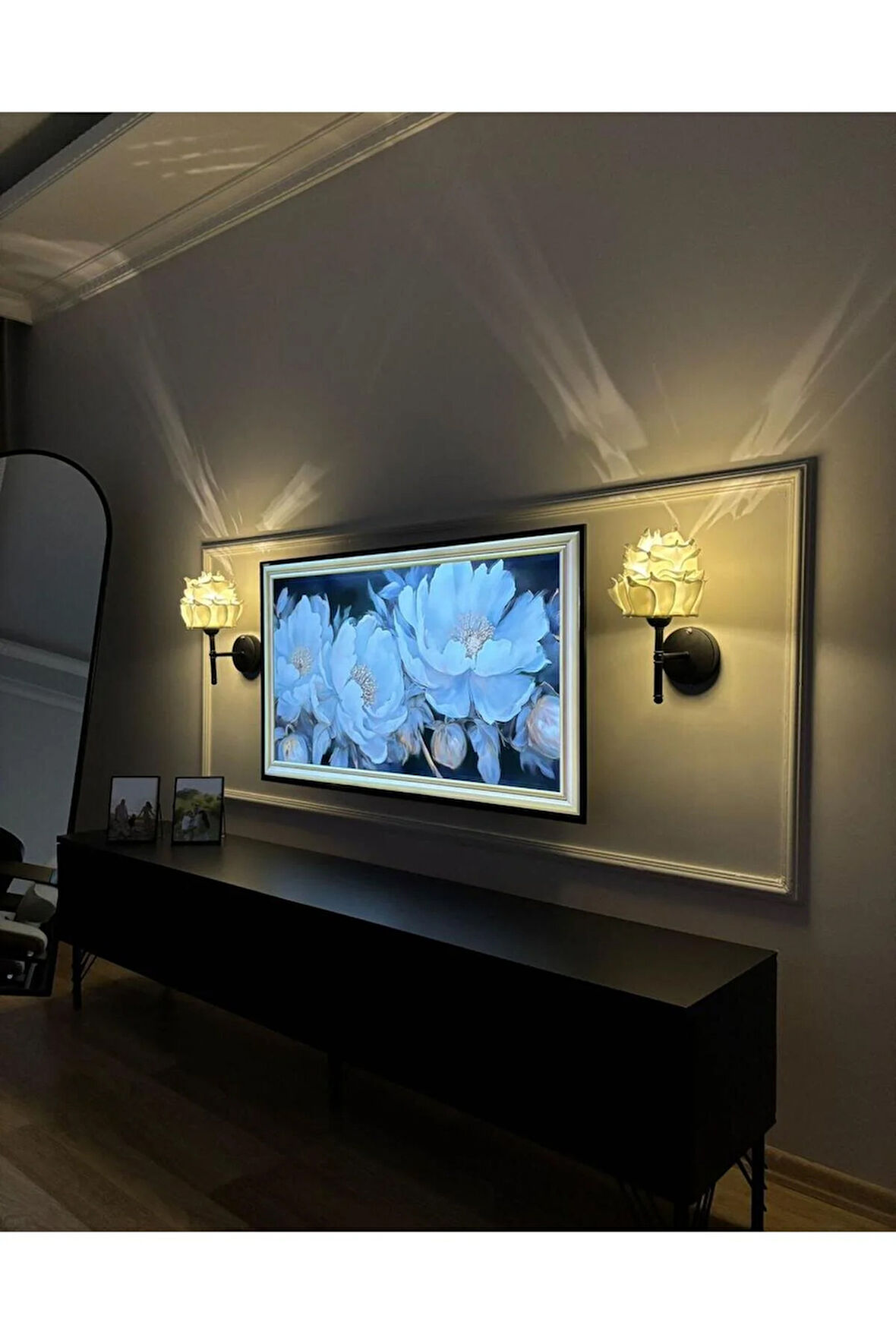 2'li Beyaz Eva Gül Tasarım Kablosuz Pilli Aplik - Alt Siyah (Tüm Boy 35 cm)