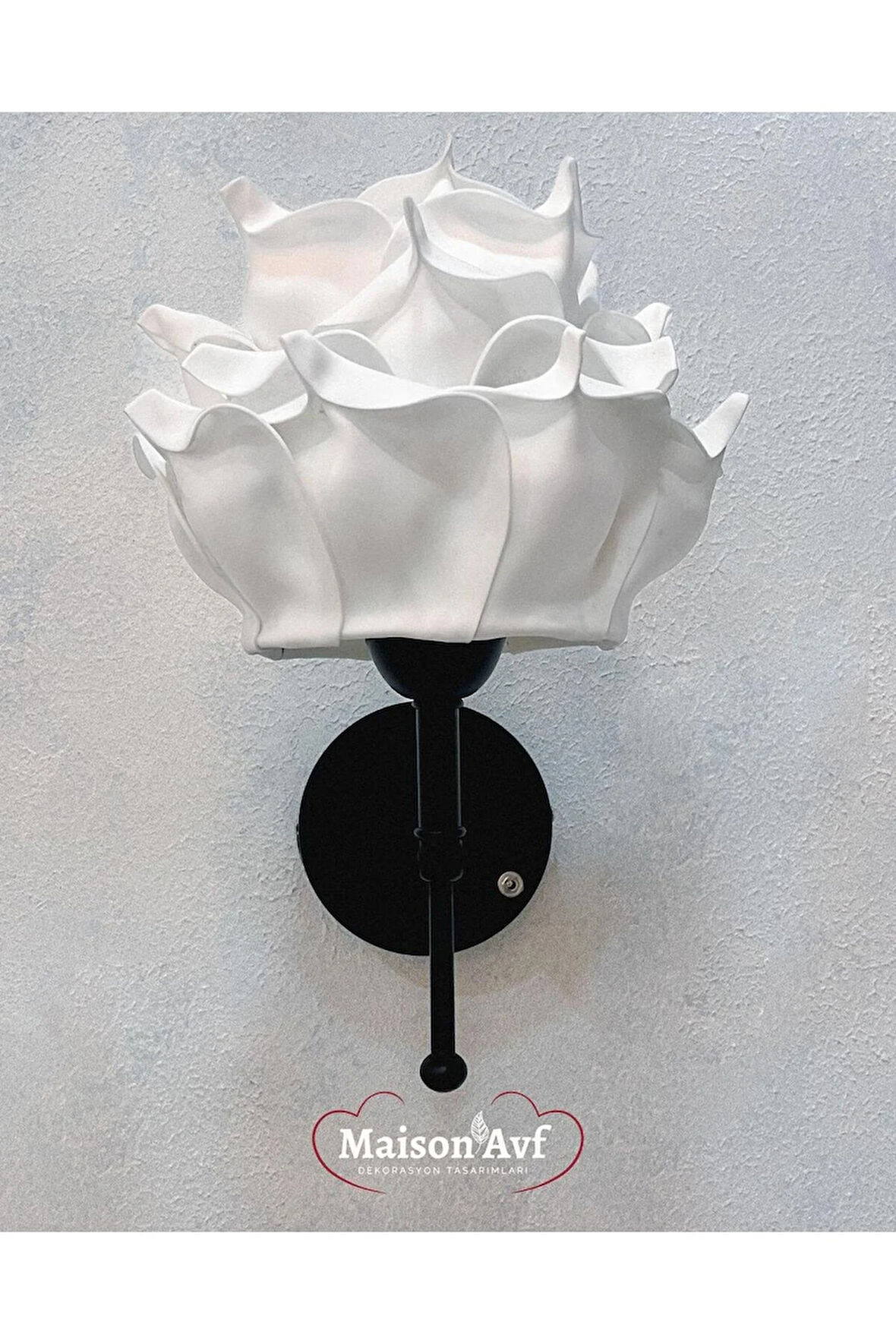 Beyaz Eva Gül Tasarım Kablosuz Pilli Aplik - Alt Siyah (Tüm Boy 35 cm)