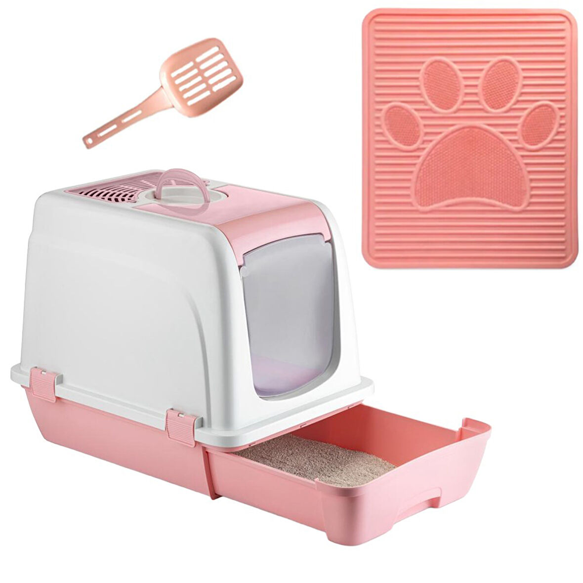 Orta Boy Çekmeceli Kapalı Kedi Tuvaleti Paspas ve Kürek Hediyeli