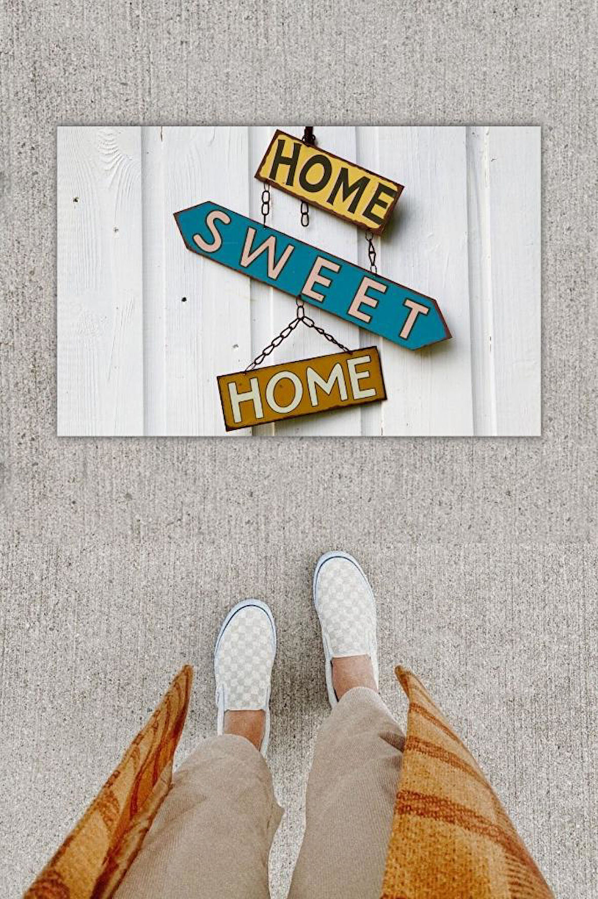 Dijital Baskı Dekoratif Home Sweet Home Beyaz Kapı Önü Paspası K-1229